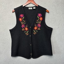 Classic Elements Vest Large 100% Wool Floral Embroidered Black Cottage Button