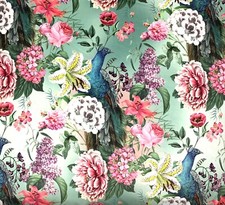 Peacock velvet fabric bird duck egg blue velveteen floral oriental upholstery