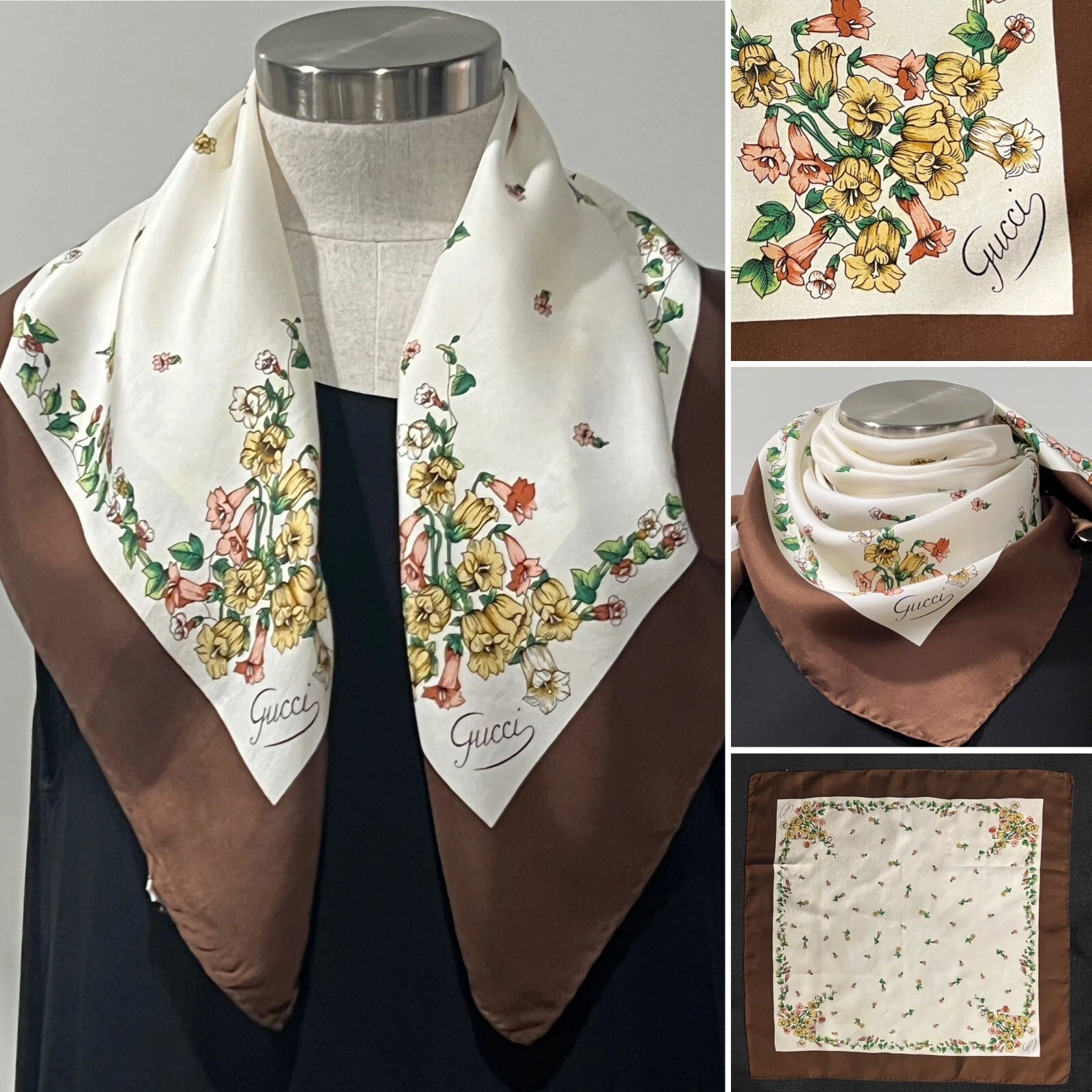 GUCCI Italie vintage soie sergé chocolat écharpe florale 66 cm x 66 cm ourlet à main