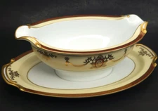 C1940s Vintage Noritake Rainbow 3982 Gravy Boat Underplate Red Band Laurel Swags