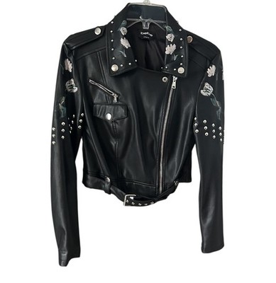 Bebe Black Faux Leather Moto Jacket Sz S Black w/Floral Detail Studded Zippers