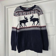 Janie And Jack Navy Moose Fair Isle Holiday Sweater Boys Size 8 Cotton