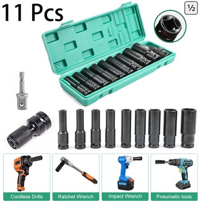 11pcs Metric Deep Impact Socket 1/2'' Drive 10mm-24mm 6 Point Sockets Set w/ Case