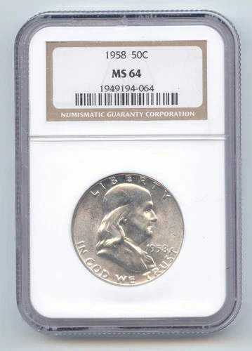 1958 Franklin Half Dollar, Mostly White, NGC MS-64