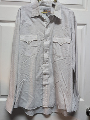 ATB  Western Shirt  17 1/2   Blue  White Tan  Check. Pearl Snaps  Long  Sleeve
