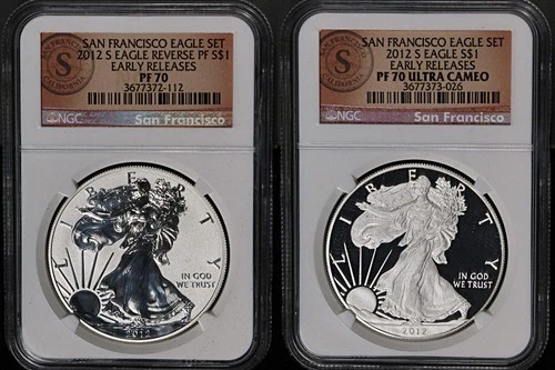 2012-S Silver American Eagle $1 2 Coin Set Early Releases NGC Rev PF70 PF70 U...