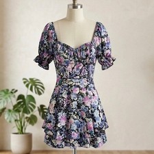 Coquette Corset Floral Puff Sleeve Tiered Mini Dress Sz S Romantic Cottagecore