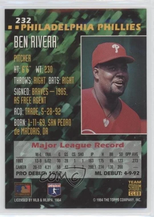 1994 Topps Team Stadium Club 1st Day Issue Ben Rivera #232 - Image 2 of 2