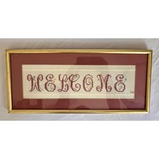 Vintage Framed Cross Stitch Matted Welcome Picture Sign Cozy Cottage Core