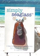 FREE SHIP  CORD - Authentic Brown Seaglass Necklace  Silver Pineapple Charm 