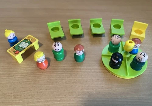 Vintage Fisher Price Little People School Classroom Set Desk Chairs Teacher