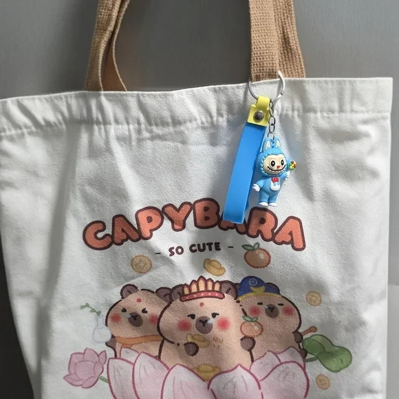 Capybara Print Canvas Tote Bag with Adorable Labubu Keychain