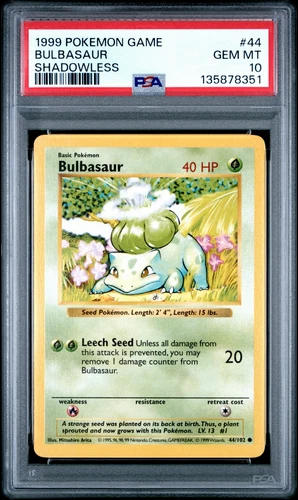 Shadowless Bulbasaur #44 - 1999 Base Set English - PSA 10 Gem Mint