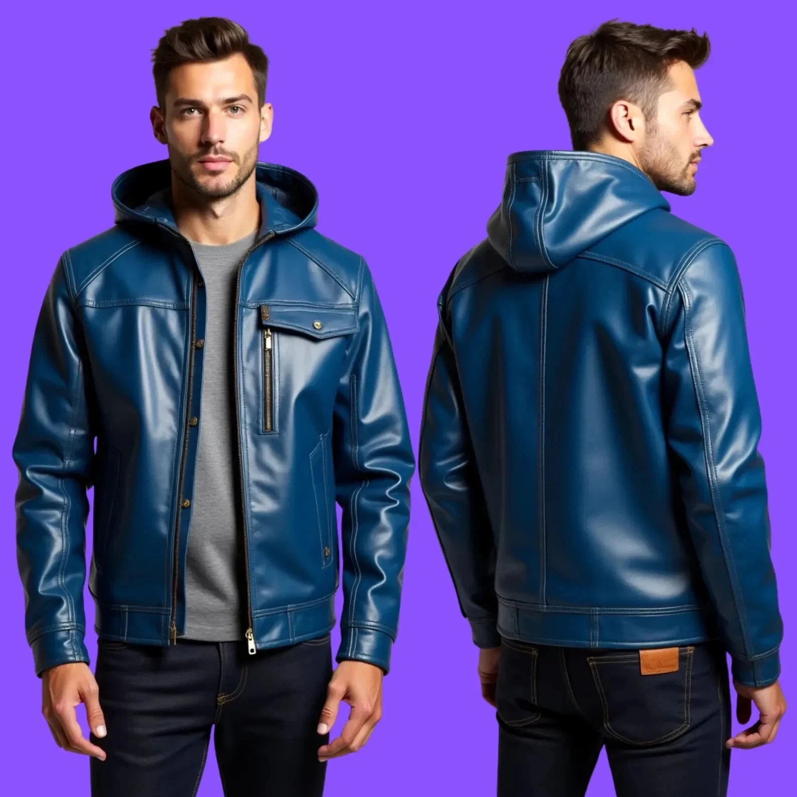 New Men's Blue Hooded Biker Jacket. Real Soft Sheepskin Leather Casual Jacket XL