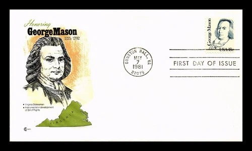 US COVER GEORGE MASON GREAT AMERICANS FDC COVER CRAFT CACHET INSERT