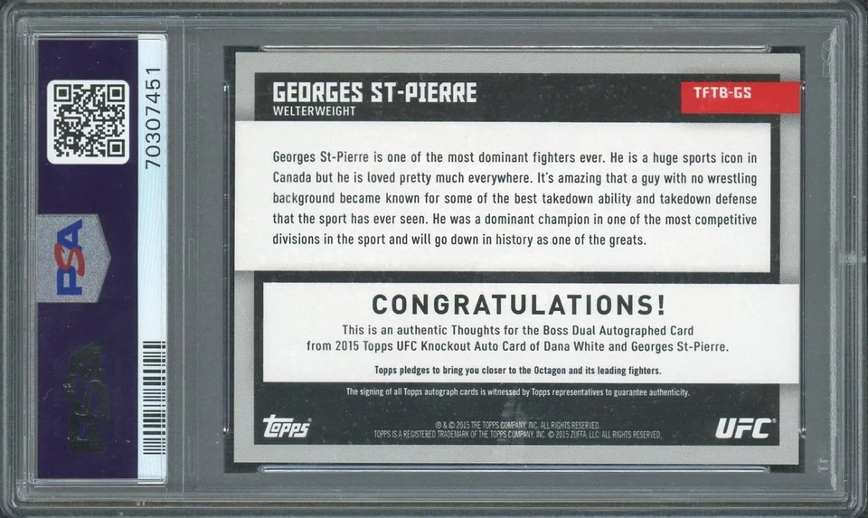 2015 Topps UFC Knockout Dana White Georges St-Pierre Dual Auto /50 PSA 8 - Image 2 of 2