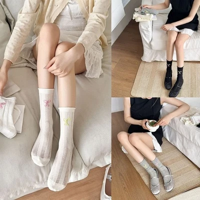 Ladies Ankle Socks with Sweet Bows Embroidery Stretch Fabric Cotton Crew Socks - Image 1 of 4
