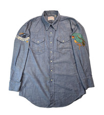 Wrangler Vintage 60s Sanforized Denim Chambray Pirate Embroidered Pearl Snap M