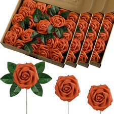 Luinabio 100 Pieces Artificial Foam Rose Flowers Faux Bouquet with Leaves and St