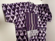 Purple Patterned Kimono with Striped Obi Sash One Size