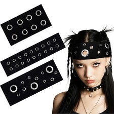 3 PCS Women Grommet Headband Y2k Punk Grunge Wide Hairbands Eyelets Black