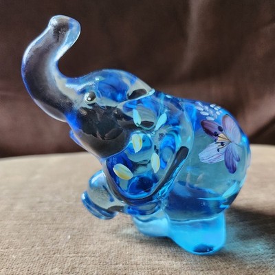 Fenton Hand Painted Glass Elephant Figurine with Floral Design Signed S Fisher