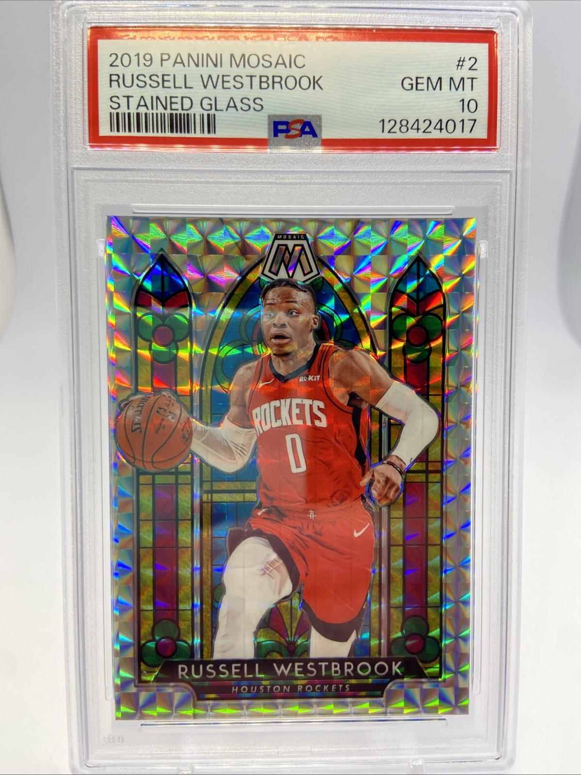 2019-20 Panini Mosaic Russell Westbrook Stained Glass Case Hit Rockets PSA 10 SP
