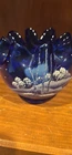 Art Glass Hand Painted Blue White Ruffled Votive Decorative Signed C. Page