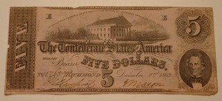 1862 $5 Five Dollar CONFEDERATE STATES OF AMERICA CURRENCY NOTE Blue Back
