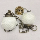 Vintage Double Swag Hanging Globe Light Fixtures Hobnail Milk Glass & Brass