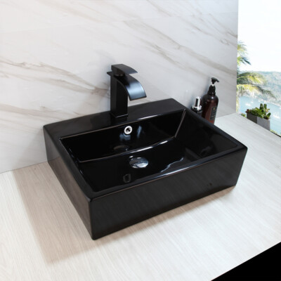 Bathroom Black Ceramic Basin Sink Counter Rectangular Waterfall Mixer Faucet Set