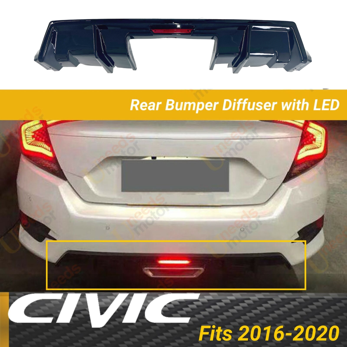 Led Rear Diffuser Lamp Honda Civic Rear Lip Diffuser Gloss Black Rear Diffuser With LED Lights ...