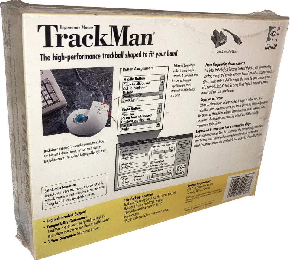 VTG Logitech TrackMan II Ergonomic Mouse Serial & MousePort Ver. #4095 NOS - Image 3 of 4
