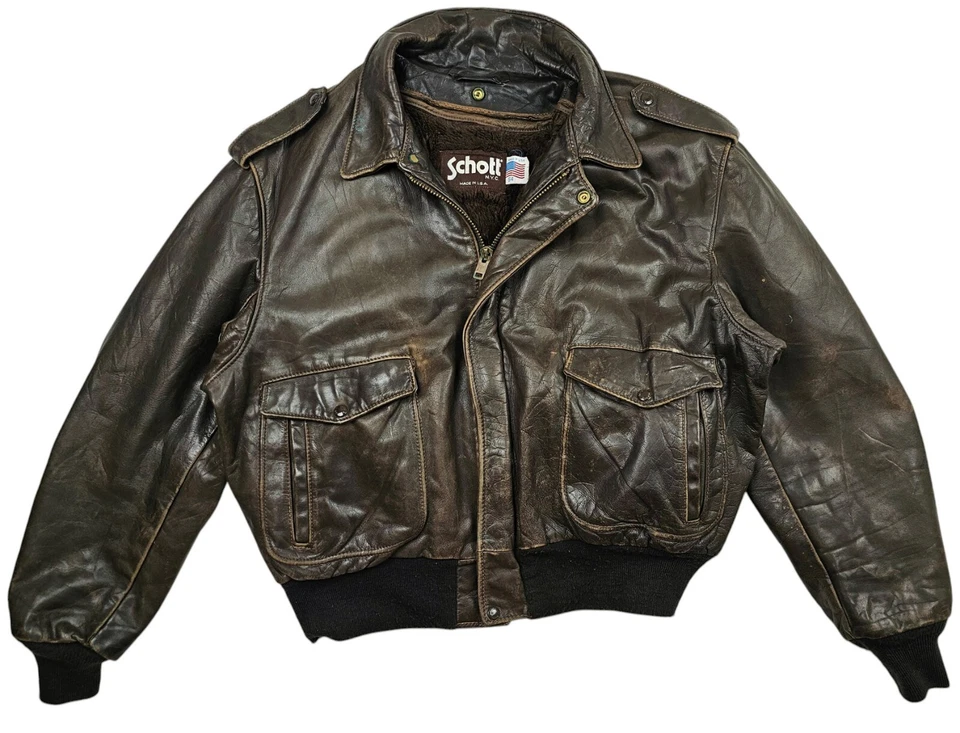*HOT VTG USA Men's SCHOTT @ G1 BIKER FUR LINED BROWN LEATHER BOMBER Jacket 54 XL - Image 2 of 4