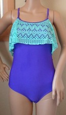 O'RAGEOUS green crochet ruffle cross strap purple Art Deco 1pc swimsuit,gir 10