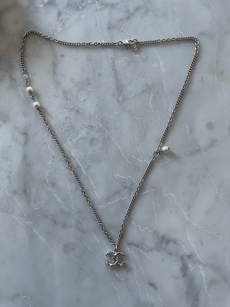 CHANEL 21A Silver + Crystal CC Logo Pendant Necklace CHANEL 21A Silver + Crystal CC Logo Pendant Necklace