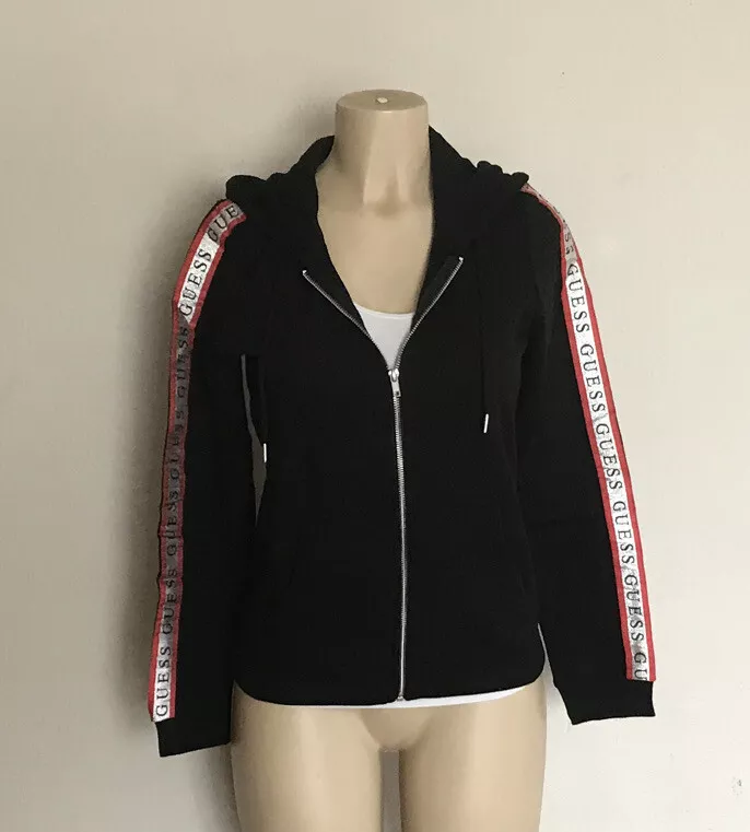 Guess Hoodie black silver S girls XS womens Fleece Zip Pockets
