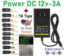 12V 3A AC/DC Adapter Power Supply Charger with 5.5x2.1mm 10 DC Power Plug Tips