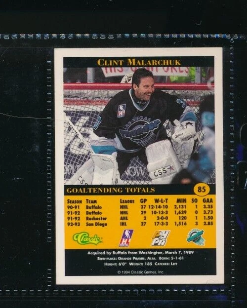 1994 Classic #85 Clint Malarchuk Las Vegas Thunder Signed Autograph (FR54) - Image 2 of 2