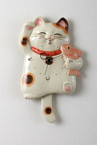 Lucky cat Japanese SETO ware porcelain Manekineko wall pendulum clock for gift - Picture 11 of 11