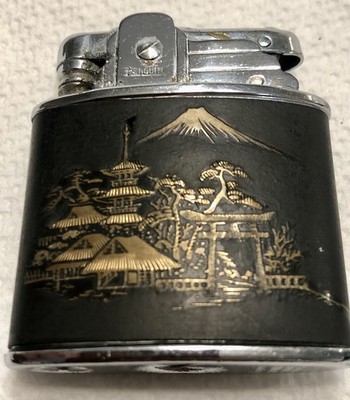 Damascene Vintage Lighter Japan Mount Fuji & Pagoda Working Condition Penguin