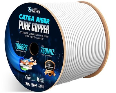 1000ft Cat6A Riser Cable, Pure Copper CMR Rated, 23AWG UTP, 750MHz PoE++, 10Gbps