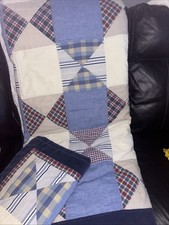 BEAUTIFUL BLUE DENIM NAVY WHITE RED GREY PLAID STRIPE CABIN PATCHWORK QUILT SET