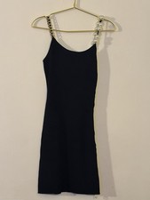 Women’s Black Mini Bodycon Dress S Sleeveless Scoop Chain Faux Pearl Side Zip