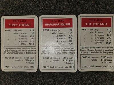 Monopoly 1940er X3 VERPFÄNDLICHE Karten Titelurkunde Ersatzteile Monopoly nur 3 Karten rot
