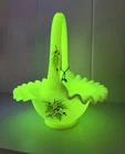 Fenton Hand Painted Custard Glass Basket - Pine & Berries - Uranium GLOWS!!