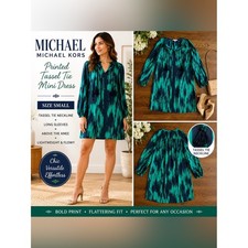 Michael Kors Printed Tassel Tie Mini Dress Green Navy Long Sleeve Size Small