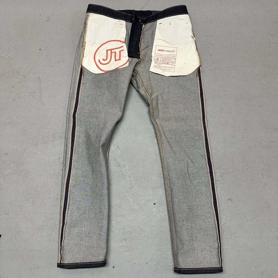 NEW Skinny Raw Selvage Denim Men's Sz 36x32 Blue Jeans Stretch Dark Jack Threads - Image 2 of 4