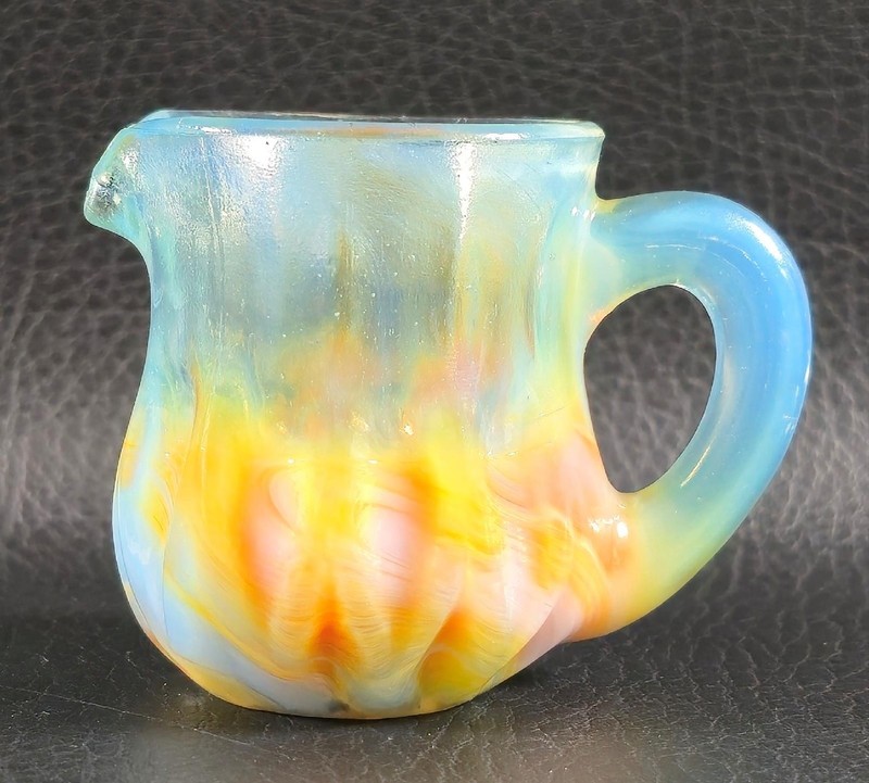 Boyd's Crystal Art Glass MINI PITCHER 1978-83 JANUARY SLAG Blue Tan Orange Glow