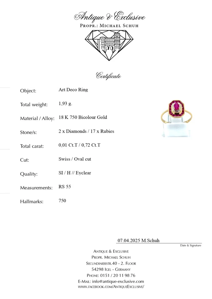 18K 750 Gold 0,72Ct Rubin Diamant Art Deco Ring Neuw RG 55 Jugendstil Damen Ruby - Bild 3 von 4